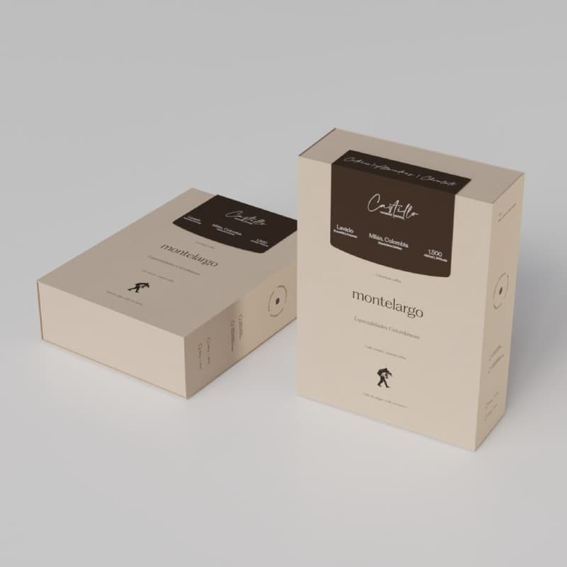 Empaque café variedad Castillo Montelargo, notas de chocolate, Manizales Colombia